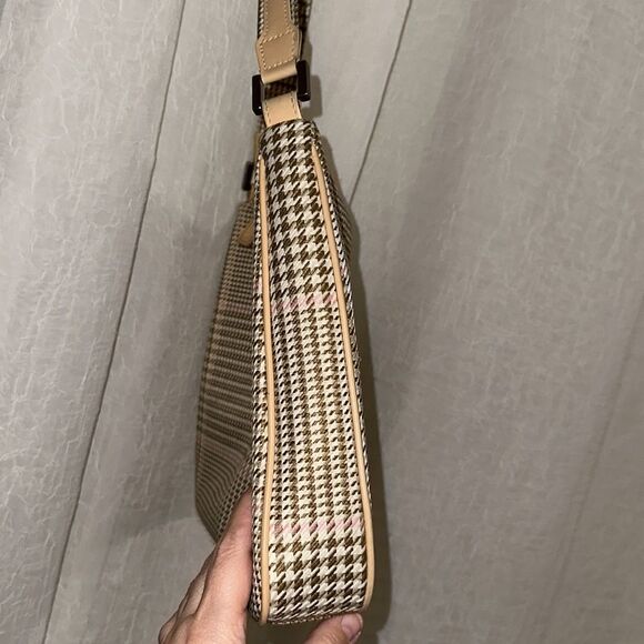 LRL Ivory Tan White Pink Gold Houndstooth Leather Silver Tone Hardware Hobo Bag - Picture 6 of 16